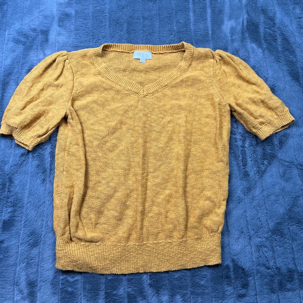 Loft Outlet Mustard Yellow V-Neck Puff Short Sleeve Cotton Knit Sweater M
